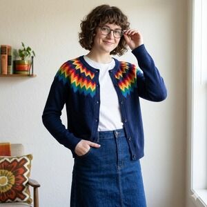 ModCloth Cardigan Womens 3X Navy Blue Rainbow Chevron Button Front Retro Knit